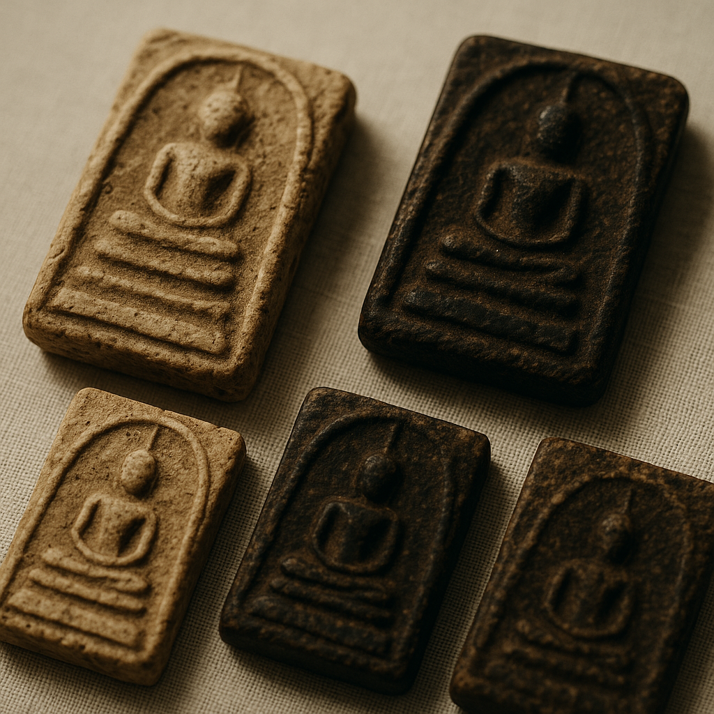 Thai Buddhist amulets on a temple tray